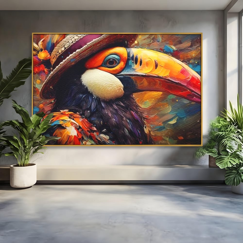 Tablou canvas cu tablou cu portret de tucan cu palarie, in rama de aluminiu auriu